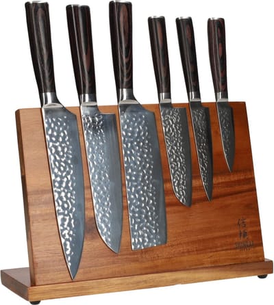 Shinrai Knives - Messenset met Blok - 6 delig - Messen met Magnetisch Messenblok Enkelzijdig - Koksmes - Hammered RVS - Met Luxe Geschenkdoos - Messenhouder - Keukenmes - Koksmes