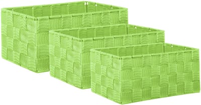 Manden 22×15×11 cm, 21×13×9,5 cm, 19×11×8,5 cm – rechthoekig, zonder deksel – rotanlook, gevlochten met metalen frame – Groen