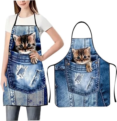Mouwloze jurk - Schort - met verstelbare bandjes - Landelijke stijl - Verstelbaar - Keukenschort - 3D-print - Schattige kat - Geschikt voor keuken, koken, tuinieren, barbecueën - 60 x 80 cm - Lichtblauw