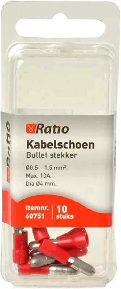 Ratio Kabelschoen Bullet stekker 0,5-1,5mm² - Rood - 10st in blister