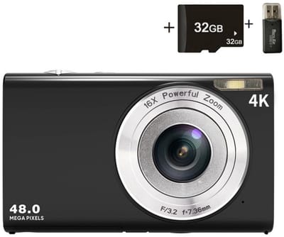 48 MP 4K Digitale camera met kaart van 32 GB, 16x digitale zoom en 2 batterijen voor kinderen, 2,8 inch oplaadbaar LCD-scherm voor kinderen, volwassenen en beginners