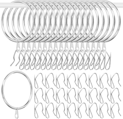 30 sets 42 mm zilverachtige metalen gordijnringen met haken voor gordijnen, ideaal voor schuiframen en badkamerdeuren
