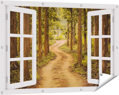 Gards Tuinposter Doorkijk Pad in het Bos met Bomen - 120x80 cm - Tuindoek - Tuindecoratie - Wanddecoratie buiten - Tuinschilderij