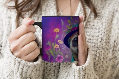 Magische Mok - Foto op Warmte Mokken - Koffiemok - Meerkat - Bloemen - Verf - Paars - Portret - Magic Mok - Beker - 350 ML - Theemok