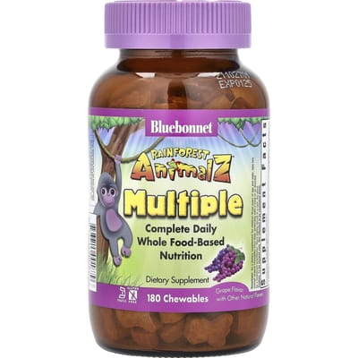 Bluebonnet Nutrition, Rainforest Animalz, complete dagelijkse voedingsstoffen op basis van volle voeding, druivensmaak, kauwtabletten 180 tabletten