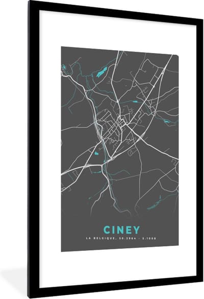 Fotolijst incl. Poster - Stadskaart – Grijs - Kaart – Ciney – België – Plattegrond - 60x90 cm - Posterlijst