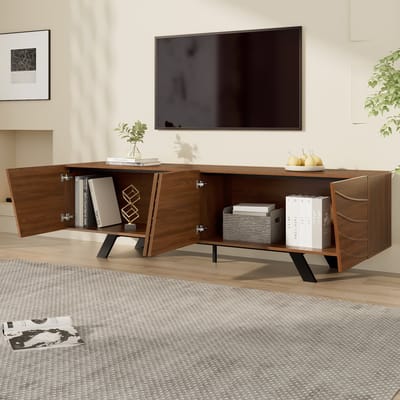Moderne tv-meubel - golfpaneelontwerp - lage kast met walnootlook - met zwarte metalen poten - grote opbergruimte - 160×39×50,5 cm