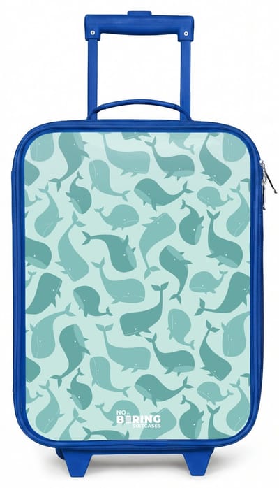 NoBoringSuitcases.com® - Kinderkoffer blauw - Kindertrolley jongen - Gestileerde walvissen in tonale zeegroene tinten - Koffer kind lichtgewicht - Reiskoffer trolley voor kinderen - Koffertje met lichtgevende wieltjes - Rolkoffer