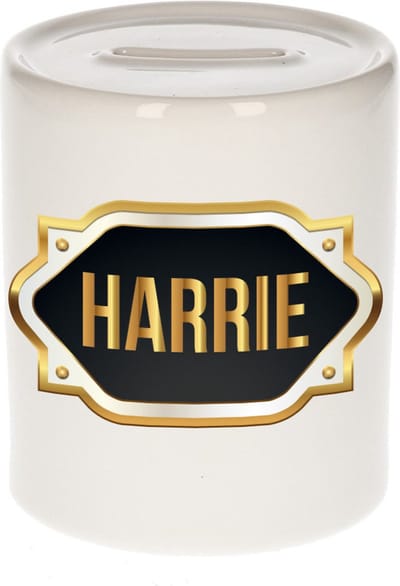 Spaarpot met voornaam Harrie - wit - met goud/zwart embleem - 8 x 9 cm - keramiek - met afsluitdop - cadeau verjaardag