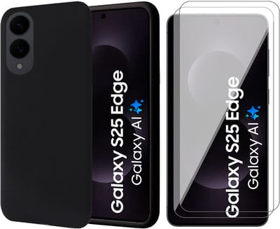 Hoesje geschikt voor Samsung Galaxy S25 Edge - 2x Screenprotector Glas - Mat Back Case Zwart