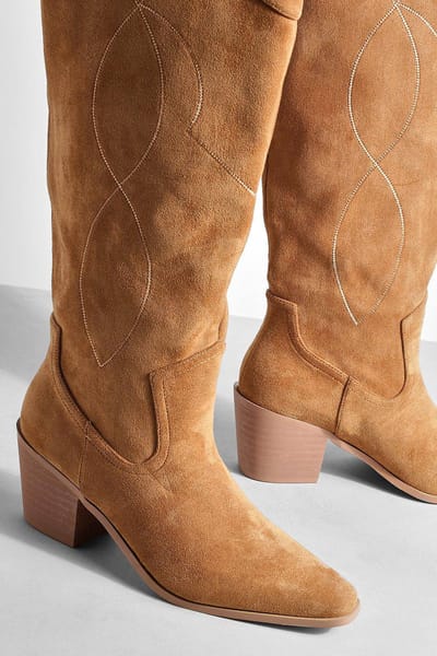 boohoo Dames Casual Faux Suede Kniehoge Western Cowboy Boots | Dark Tan | Maat: 36