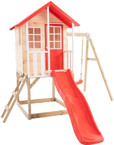 Houten boomhut op palen van FSC®-hout met platform, glijbaan en een schommel COQUELICOT