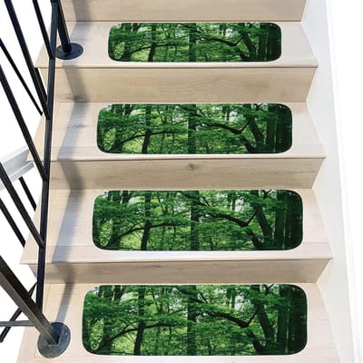 Antislip Trapmatten Set van 5 PCS Groene 3D Bos Trapmatten voor Kinderen en Honden, Wasbare Zelfklevende Moderne Traptreden, 22X70cm