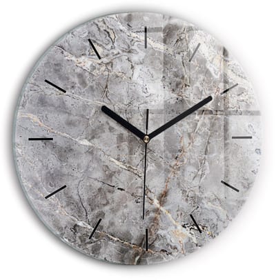 Wallfluent Wandklok - Grijs graniet marmer Klok als Muurdecoratie - 30 cm x 30 cm - Grijs Wandklok - Zwarte Handen - Wandklok Zonder Cijfers - Wandklok voor in de Keuken - Ronde Glas Klok - Minimalistisch Wandklok - Decoratieve Wandklok