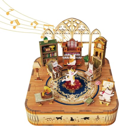 Muziekdoos Hout - 3D Puzzel - Huis Decoratie - Draaiende Katten - 94 Stukjes - Familie Katten