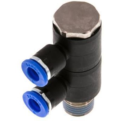 6mm x R1/4'' 2-way Manifold Messing/PA 66 Insteekfitting Buitendraad Draaibaar NBR