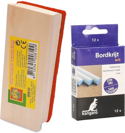 Kangaro krijtbord wisser van 12 cm - hout - Met 12x witte krijtjes - schoolborden beschrijven