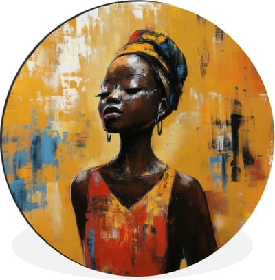 WallCircle - Wandcirkel - Muurcirkel - Vrouw - Ogen - Penseelstreken - Geel - Aluminium - Dibond - 30x30 cm - Binnen en Buiten