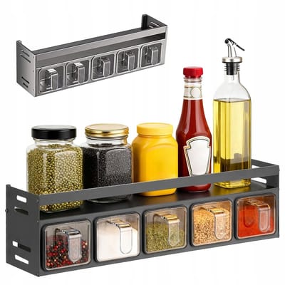 Opbergrek voor specerijen - Kruidenrek - 5 Afneembare kruidenbox - muur of blad - stevig aluminium - beschermt tegen vocht en stof - bespaart ruimte in de keuken