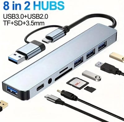 Ultieme Connectiviteit: 8-in-2 USB Hub met Kaartlezers, USB-C Poort, USB 3.0/2.0 en Docking Station - Computer