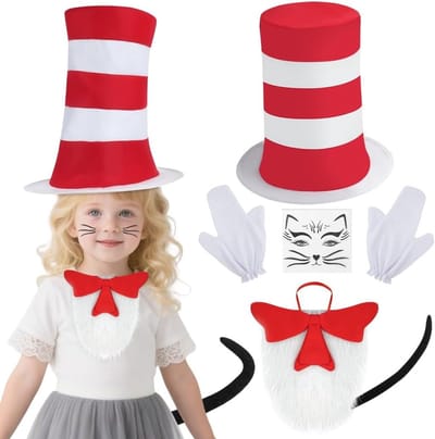 Grappig kattenkostuum voor kinderen met gestreepte hoed, strik en kattenstaart voor feestjes