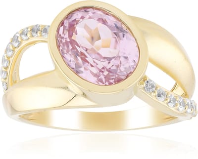 Cavill - Geelgouden Damesring 375 - 3,09 ct Braziliaanse Ovaal Kunziet - 18 ct Tanzaniaanse Zirconia - Elegant Fijn Goud Sieraad - Dagelijks Gebruik