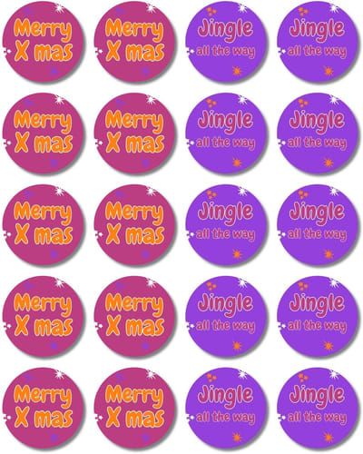 Stickervel Kerst – Merry X-mas & Jingle all the way – 20 ronde kerststickers – 4 cm – Roze & Paars – Leuk voor cadeaus en kaarten – Funky Colors stijl