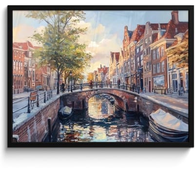 Poster in lijst - Fotolijst 70x50 cm - Posters - Brug - Stad - Huizen - Boot - Posterlijst zwart - Decoratie - Wanddecoratie woonkamer - Muurdecoratie slaapkamer
