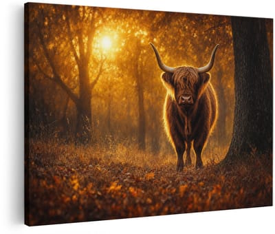 Artaza Canvas Schilderij Schotse Hooglander In Herfstbos - Warm Gouden Natuur - 90x60 cm - Wanddecoratie Woonkamer - Schilderijen - Muurdecoratie