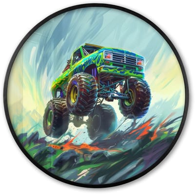 Poster in lijst Rond - Fotolijst 60x60 cm - Posters - Monstertruck - Auto - Jongens - Groen - Ronde posterlijst zwart - Decoratie - Wanddecoratie woonkamer - Muurdecoratie slaapkamer