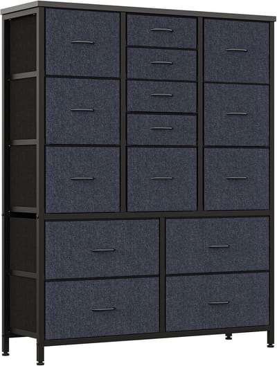 Hoge Ladekast met 15 Stoffen Lades - Opbergkast met Metalen Frame en Houten Topblad - Ruimtebesparend - Voor Slaapkamer, Hal & Inloopkast