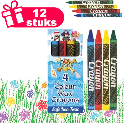 Henbrandt - 12 Stuks 4-Delige Piraten Waskrijtjes Sets - Kleurkrijtjes kinderen in de kleuren: Groen, Geel, Rood, Blauw - Traktatie uitdeelcadeautjes - Traktaties en kinderverjaardagen - Klein grabbelton speelgoed voor in traktatie uitdeelzakjes