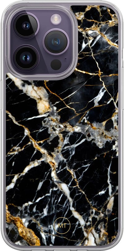 Hybride hoesje geschikt voor iPhone 14 Pro - Black marble elegance - Extra bescherming - Luxe beschermhoes - TPU case - Transparant, Zwart, Goud - Mooie Telefoonhoesjes