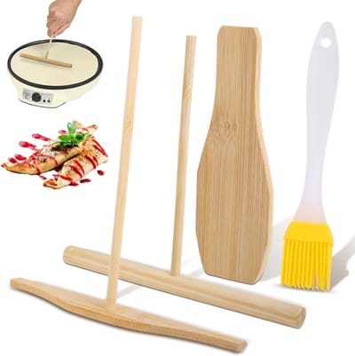 Set van 4 spatels en strooiers voor houten pannenkoeken en pannenkoeken, T-vormig gereedschap met lange steel en olieborstel, voor keuken en keuken