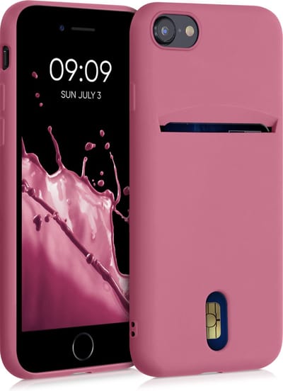 kwmobile telefoonhoesje geschikt voor Apple iPhone SE (2022) / iPhone SE (2020) / iPhone 8 / iPhone 7 - Zachte TPU case met kaarthouder en silicone coating - In donkerroze