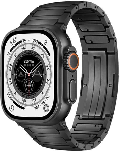 Stravo Titanium horlogebandje voor Apple Watch – Met quick-release schakels, verstelbaar zonder gereedschap – Geschikt voor Apple Watch 46mm (Series 10/11), 45mm (Series 7/8/9), 44mm (Series 4/5/6, SE 1/2/3), 49mm (Ultra 1/2/3) – Zwart