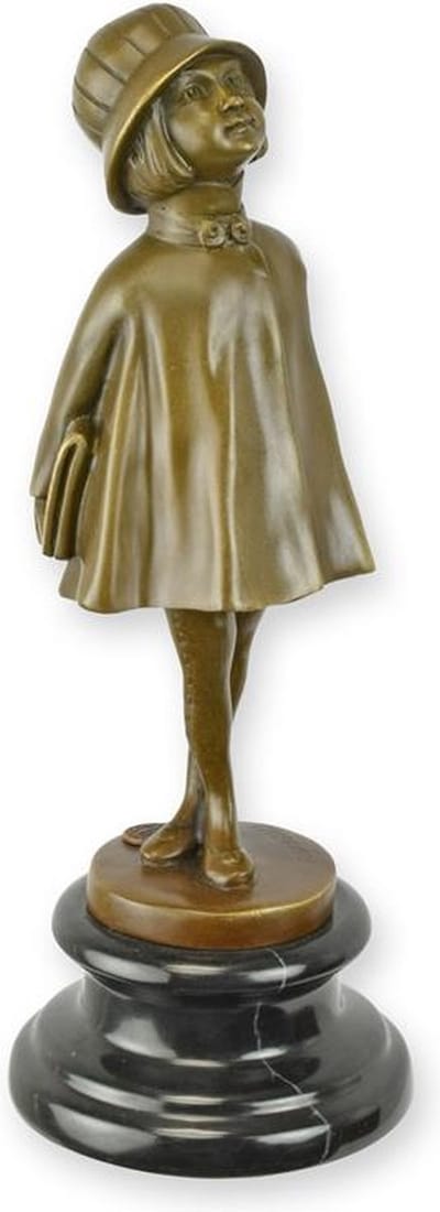 Bronzen beeld schoolmeisje - Kunstwerk sokkel - Stijlvolle decoratie - Handgemaakt marmer - 26,6 cm hoog - Brons