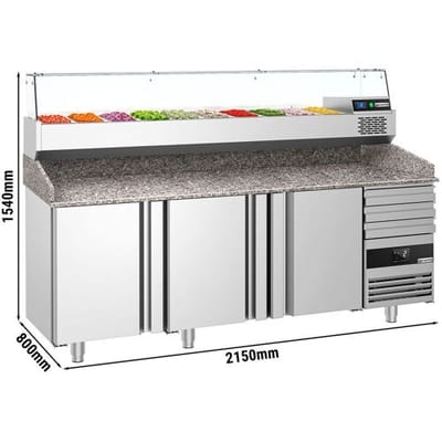 GGM Gastro Pizzakühltisch PREMIUM - 2150x800mm - mit 3 Türen & 3 Schubladen - inkl. Kühlaufsatzvitrine - 10x GN 1/3