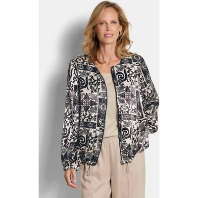 Chique blouson van viscose-satijn - steengrijs / zwart / gedess. - Gr. 19 van Goldner Fashion