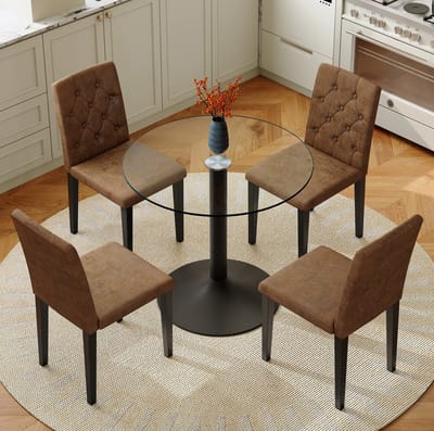Set Tafel En Stoelen - Ronde Glazen Eettafel Met 4 Gestoffeerde Stoelen - Voor Eethoek En Keuken - Metaal Glas En Kunstleer - Bruin Zwart Transparant