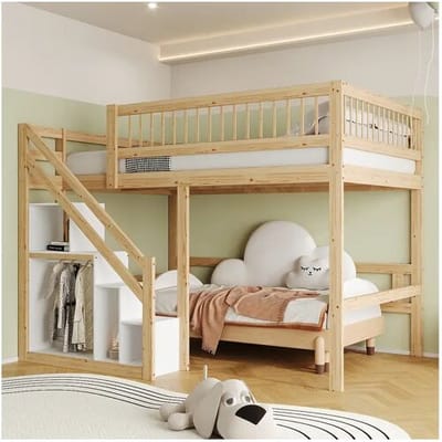 Merax Hoogslaper 140 x 200 cm met opbergkast - Massief hout + MDF - Naturel en wit (zonder matras)