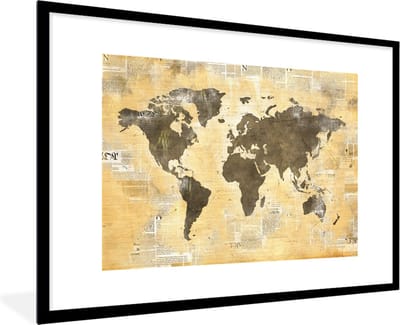 Poster in lijst - Fotolijst 90x60 cm - Posters - Wereldkaart - Krant - Gouden - Posterlijst zwart - Decoratie - Wanddecoratie woonkamer - Muurdecoratie slaapkamer