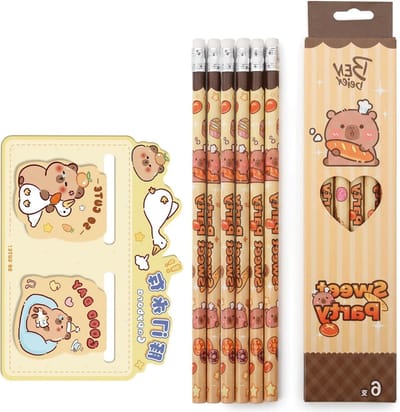 Set van 6 Capybara Potloden 2B met Gum en 2 Boekenleggers voor Tekenen, Schrijven en Schoolgebruik