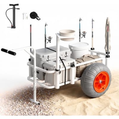 VEVOR opvouwbare viskar, 159 kg zware wagen met 2 PU-luchtbanden voor alle terreinen, transportkar met aluminium frame en 8 hengelhouders, multifunctionele transportkar voor vissen, kamperen en het strand