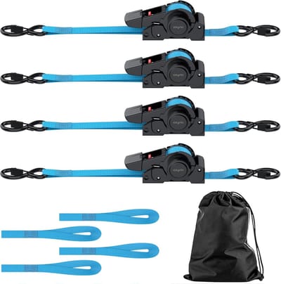 4x Spanband met Ratel en Haken - Zware Kwaliteit Ratelriemen 3,5 Meter x 25mm - Max. 640 kg - Blauw