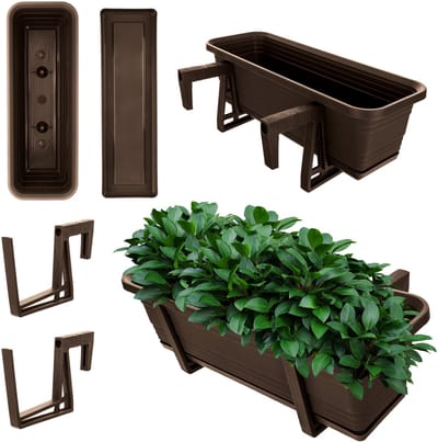 KADAX Bloembak met onderzetter, met of zonder bloembakhouders, van kunststof, plantenbak, balustrade, bloempot (mokka, 50 cm + houders)