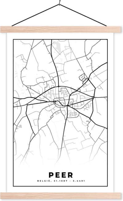 Posterhanger incl. Poster 40x60 cm - Schoolplaat - België – Peer – Stadskaart – Kaart – Zwart Wit – Plattegrond - Textielposter - Blanke latten - Stadskaart