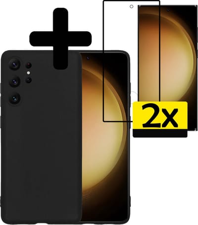 Hoesje - Met 2x Screenprotector - Geschikt voor Samsung Galaxy S23 Ultra - Sterk & Shockproof - Back Cover - Siliconen Case - Telefoon Hoes - Telefoonhoesjes - Zwart