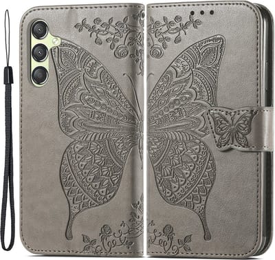 Coverup Hoesje - Geschikt voor Samsung Galaxy A25 Hoesje - Coverup Vlinder Book Case - Taupe Grijs