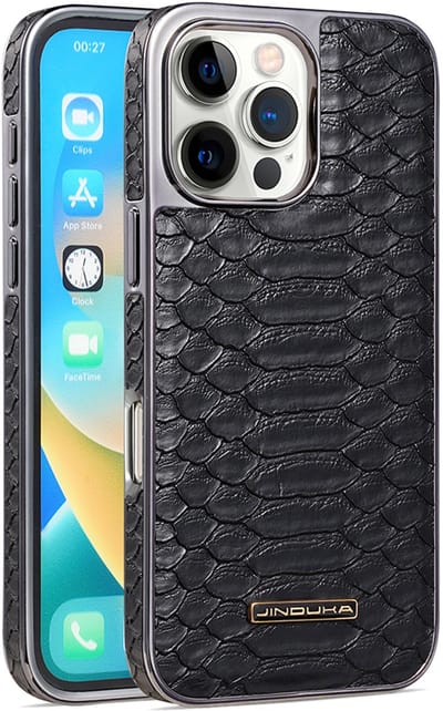 Stravo × JINDUKA Luxe Slangenleren Hoes voor iPhone 16 Pro Max | ZwartSchokabsorberend · Antislip · Vingerafdrukvrij